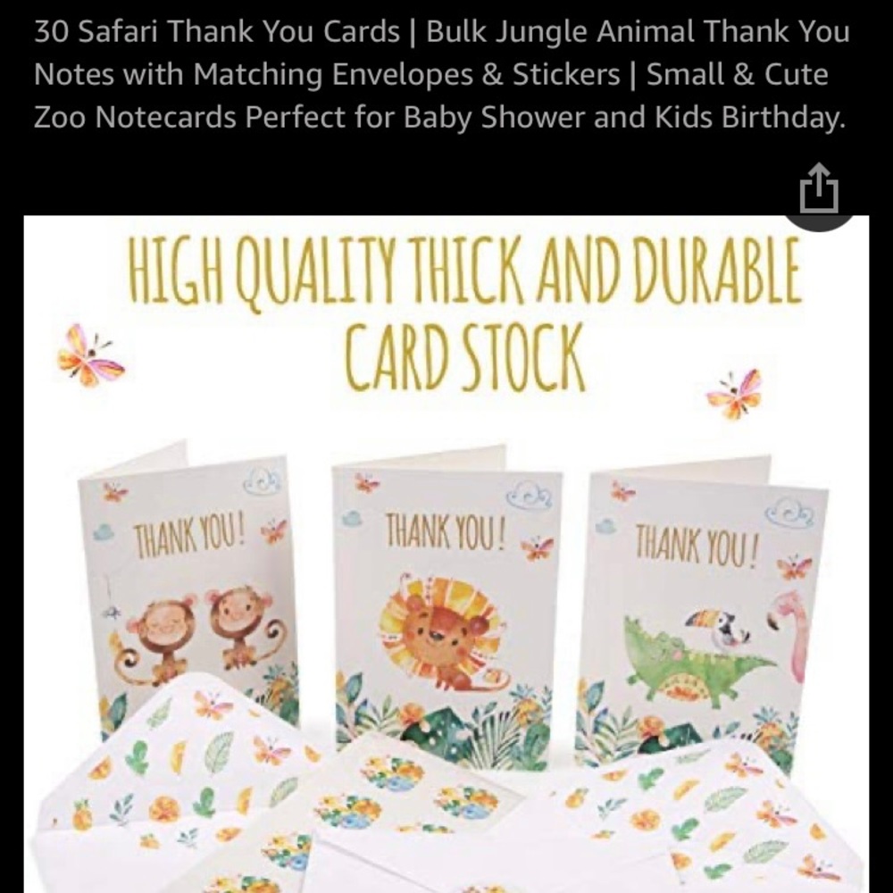 30 Safari Cute Thank You cards with matching envelopes stickers and storage box.